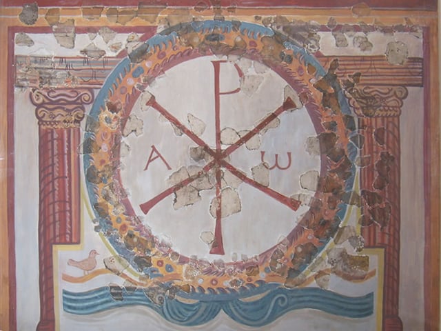 Fourth-century Chi-Rho  fresco from Lullingstone Roman Villa, Kent, which contains the only known Christian paintings from the Roman era in Britain.