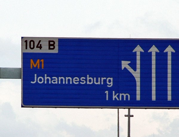 A board on the N3 indicating the exit for Johannesburg. The M1 is one of the busiest highways in Johannesburg.