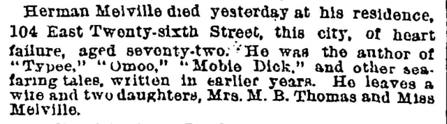 New York Times obituary notice, September 29, 1891, which misspelled Melville's then-unpopular masterpiece as Mobie Dick