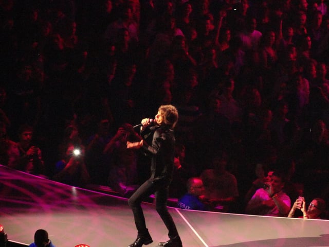 Jagger singing during the Rolling Stones' 50 & Counting Tour in Boston, Massachusetts, 12 June 2013