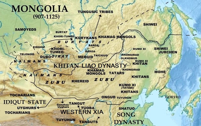 The locations of the Mongolian tribes during the Khitan Liao dynasty (907–1125)