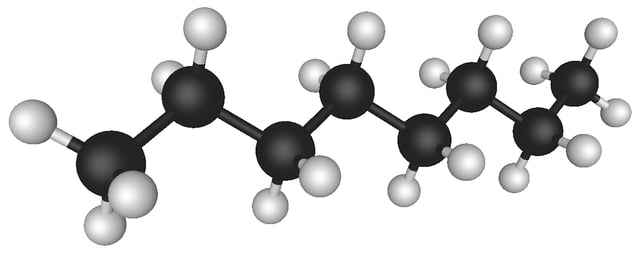 Octane, a hydrocarbon found in petroleum. Lines represent single bonds; black spheres represent carbon; white spheres represent hydrogen.