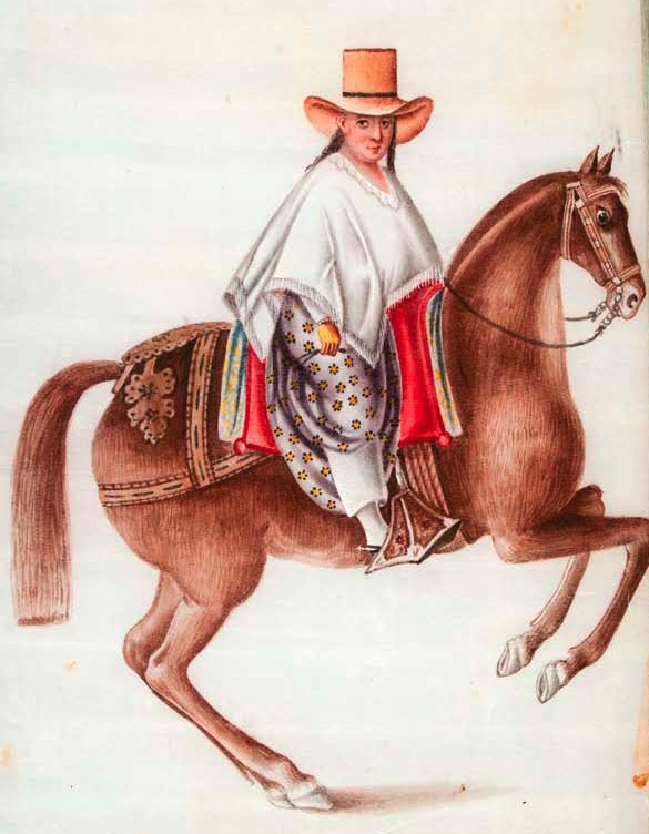 Woman in White Poncho on Horseback. Cantonese watercolor, sold in Lima mid-19th century. These paintings were copies of works of Francisco Fierro, a popular Afro-Peruvian artist of the time. Collections of the Museum of International Folk Art, Santa Fe.