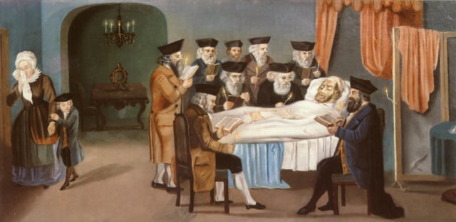 Members of the Prague Burial Brotherhood pray at the camp of a dying man (c 1772), Jewish Museum, Prague