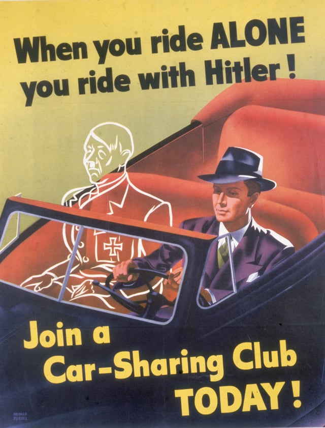 A poster used to promote carpooling as a way to ration gasoline during World War II.