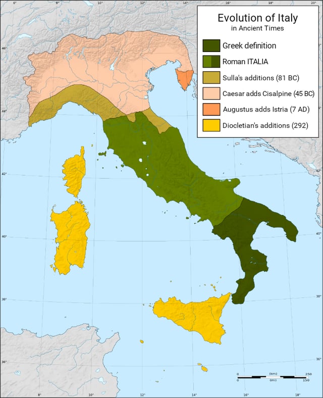 Expansion of the territory known as Italy and the nearby islands from the establishment of the Roman Republic until Diocletian.