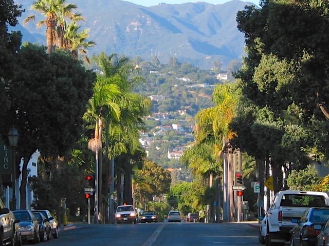Looking north from a Santa Barbara street toward "the Riviera" and the Santa Ynez Mountains beyond