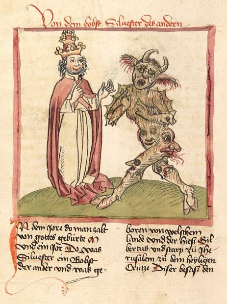 Medieval miniature depicting Pope Sylvester II consorting with Satan (c. 1460)