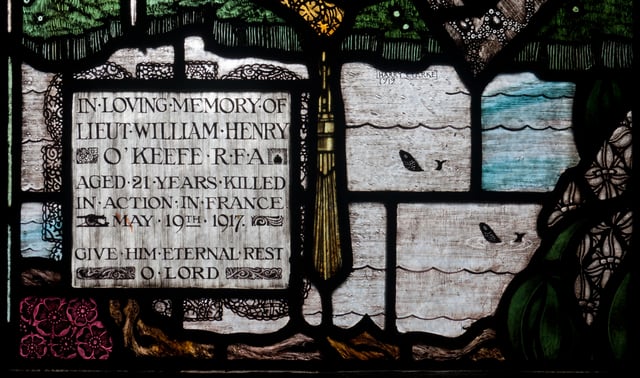 Stained glass window by Harry Clarke in Wexford dedicated to the memory of Lt William Henry O'Keefe who was killed in action.