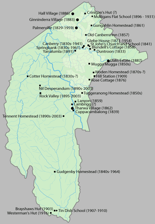 Significant homesteads, structures and settlements in the ACT prior to 1909.
