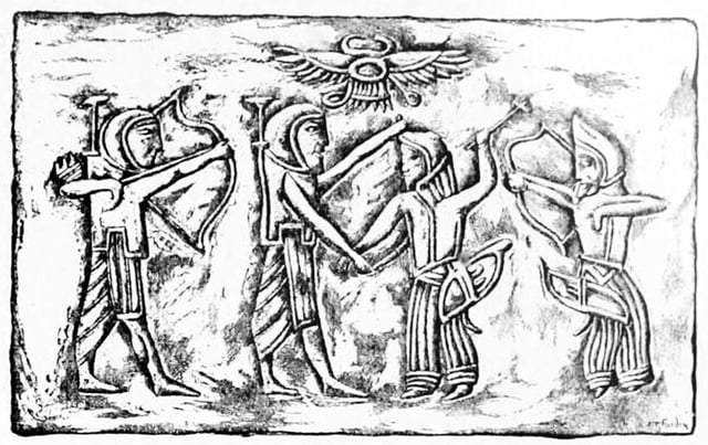 Achaemenid soldiers fighting against Scythians, 5th century BC. Cylinder seal impression (drawing).