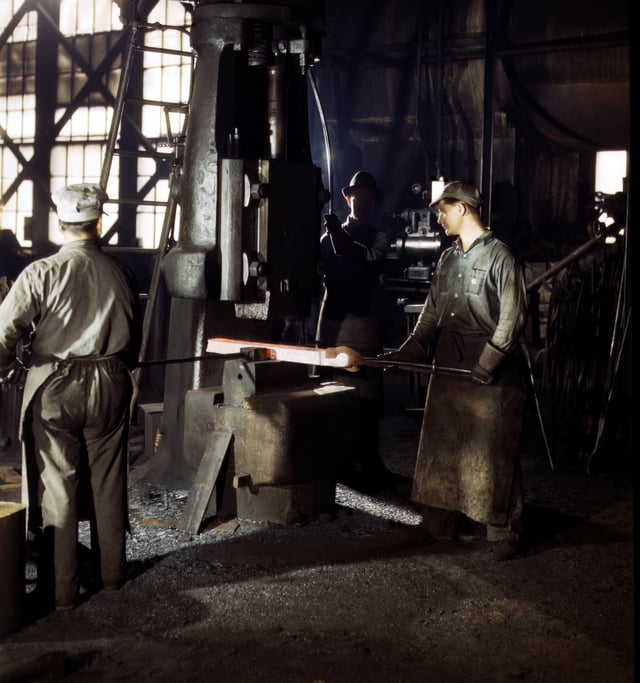 Blacksmiths at the Atchison, Topeka and Santa Fe Railway shops in Topeka, 1943