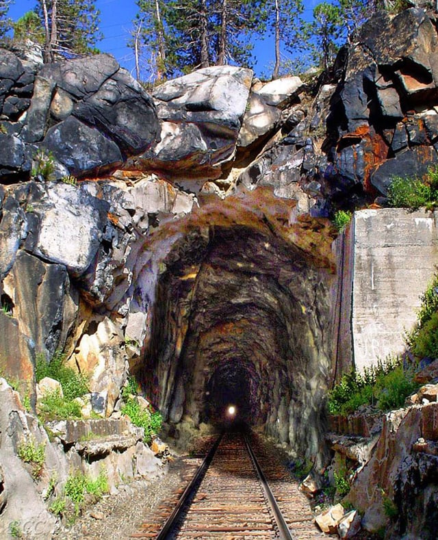The Summit Tunnel at Donner Summit, West Portal (Composite image with the tracks removed in 1993 digitally restored)