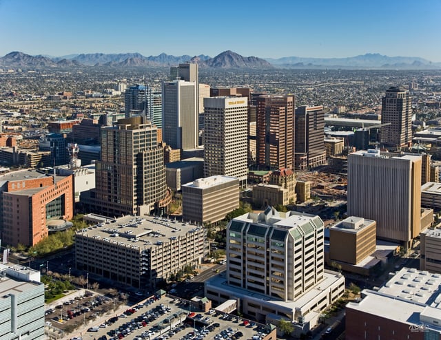 Downtown Phoenix skyline looking northeast toward Camelback Mountain