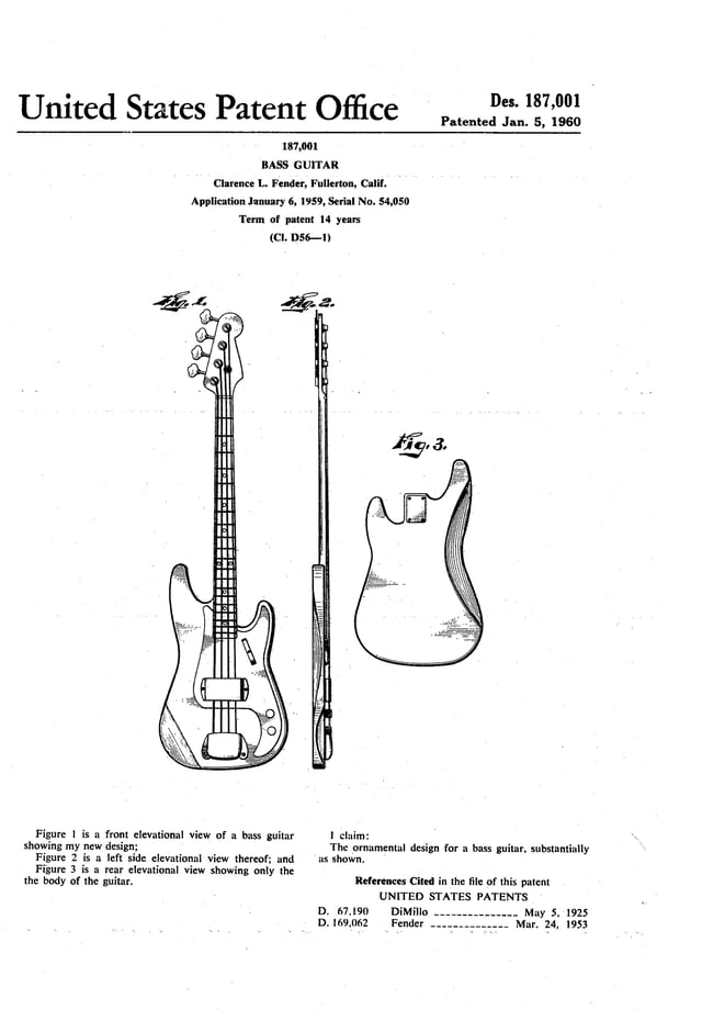 Design patent issued to Leo Fender for the second-generation Precision Bass.