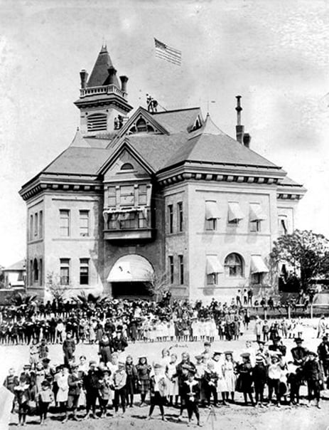 An 1897 photo of K Street High School, which was replaced by Fresno High School in 1896. The school later became Emerson Elementary School and was demolished ca. 1930.