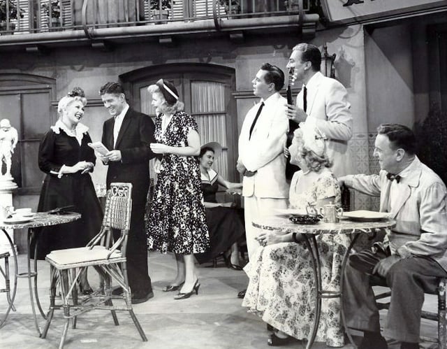 The first episode "Lucy Takes a Cruise to Havana" is an extended flashback of how Lucy met Ricky. L-R: Ann Sothern, Rudy Vallee, Lucille Ball, Desi Arnaz, Cesar Romero, Vivian Vance and William Frawley (1957)