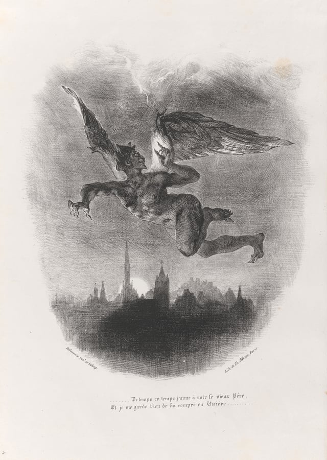 Mephistopheles (A Medieval demon from German folklore) flying over Wittenberg, in a lithograph by Eugène Delacroix.