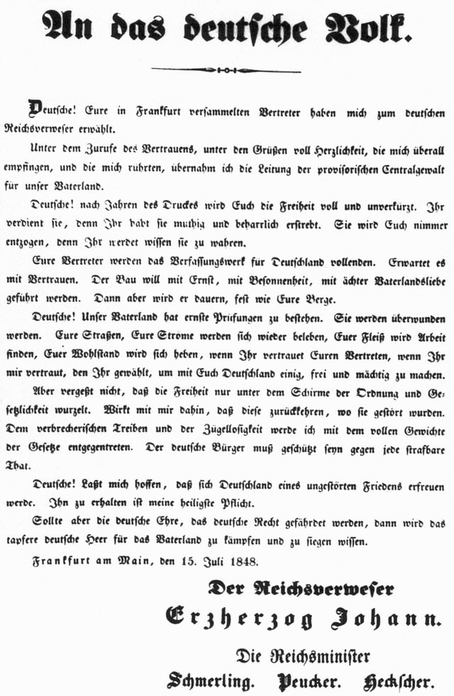 Archduke Johann's proclamation to the German people upon appointment as Administrator of the Realm