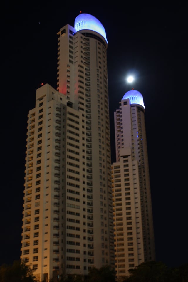 Night view of the luxury Dolfines Guaraní Towers, May 2010