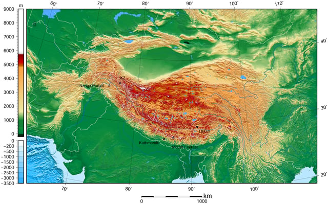Tibetan Plateau and surrounding areas above 1600 m – topography.