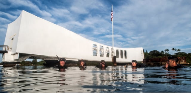 Underwater Construction Team 2 along with divers of the National Park Service make dives to ascertain the condition and status of the battleship USS Arizona Memorial at Pearl Harbor, Hawaii, March 21, 2013, USN 130321-N-WX059-135