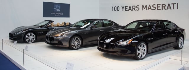 The 2014 Maserati lineup, as shown at the 100th Year Anniversary in Autoworld Brussels From left to right: Maserati GranCabrio Sport, Maserati Ghibli III and Maserati Quattroporte VI