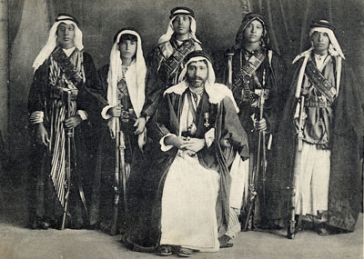Post-card of Emir Mejhem ibn Meheid, chief of the Anaza tribe near Aleppo with his sons after being decorated with the Croix de Légion d'honneur on 20 September 1920