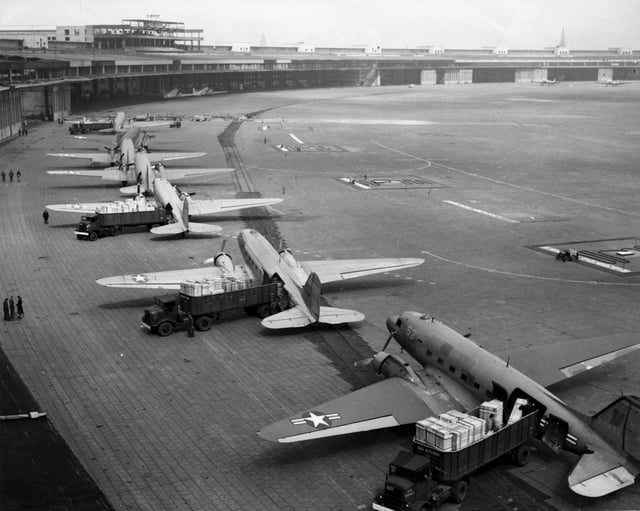 C-47s unloading at Tempelhof Airport during the Berlin Airlift