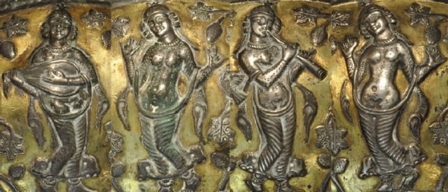 Dancers and musical instrument players depicted on a Sasanian silver bowl from the 5th-7th century AD.