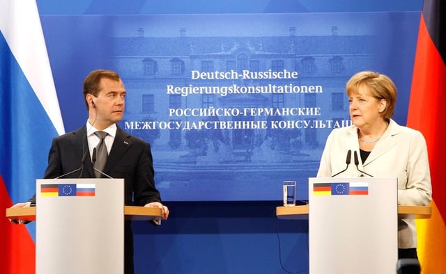 Medvedev with Chancellor of Germany Angela Merkel in Germany in July 2011