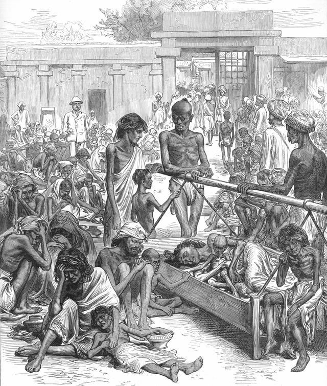 People waiting for famine relief in Bangalore. From theIllustrated London News (20 October 1877).