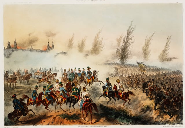 The Battle of Győr on 28 June 1849. Franz Joseph enters in Győr leading the Austrian troops.