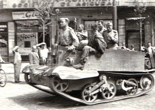 The Red Army in Bucharest near Boulevard of Carol I. with British-supplied Universal Carrier