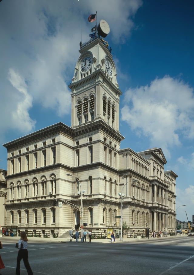 Louisville City Hall in downtown, built 1870–1873, is a blend of Italianate styles characteristic of Neo-Renaissance