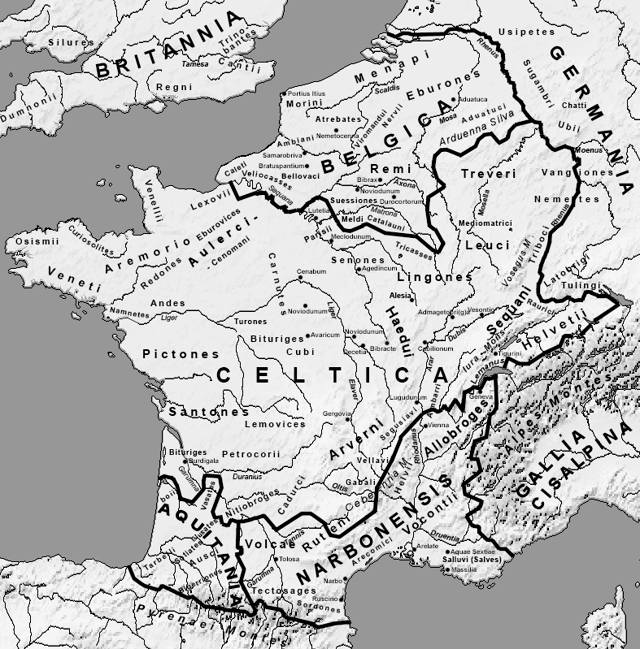 Map of Gaul before complete Roman conquest (circa 58 BCE) and its five main regions : Celtica, Belgica, Cisalpina, Narbonensis and Aquitania.