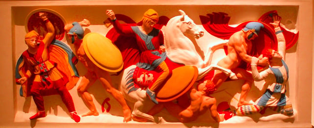 Ancient Persian and Greek soldiers as depicted on a color reconstruction of the 4th-century BC Alexander Sarcophagus.