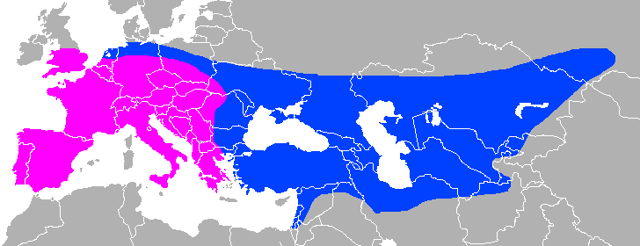 Approximate Neanderthal range; pre-Neanderthal and early Neanderthal range shown in purple, late Neanderthal range in blue.