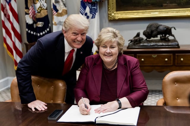 Prime Minister of Norway Erna Solberg (since 2013) and U.S. President Donald Trump in 2018.