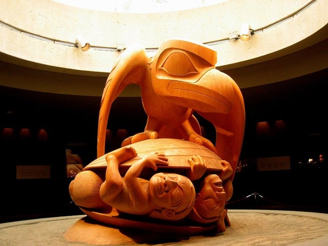 Bill Reid's 1980 sculpture Raven and The First Men; the raven is a figure common to many of Canada's Indigenous mythologies.