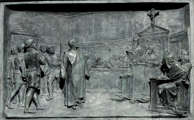 The trial of Giordano Bruno by the Roman Inquisition. Bronze relief by Ettore Ferrari, Campo de' Fiori, Rome.