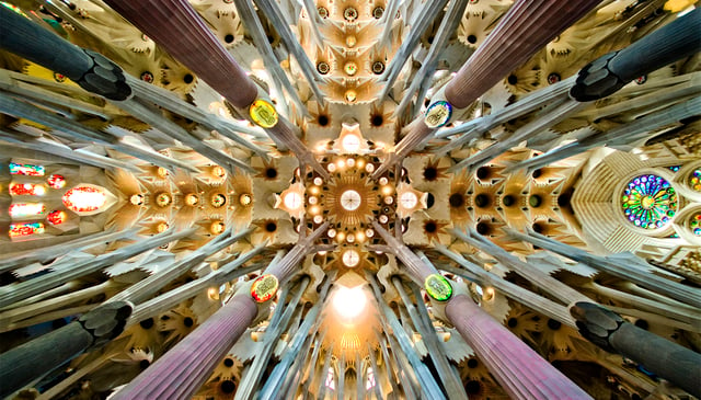 The nave in the Sagrada Familia with a hyperboloid vault. Inspiration from nature is taken from a tree, as the pillar and branches symbolise trees rising up to the roof.