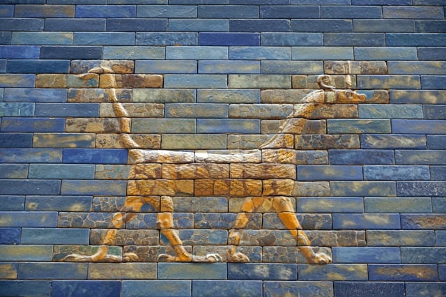 The mušḫuššu is a serpentine, dragon-like monster from ancient Mesopotamian mythology with the body and neck of a snake, the forelegs of a lion, and the hind-legs of a bird. Here it is shown as it appears in the Ishtar Gate from the city of Babylon.