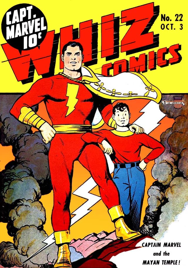 Whiz Comics #22 (Oct. 1941), featuring Captain Marvel and his young alter-ego, Billy Batson. Art by C.C. Beck.
