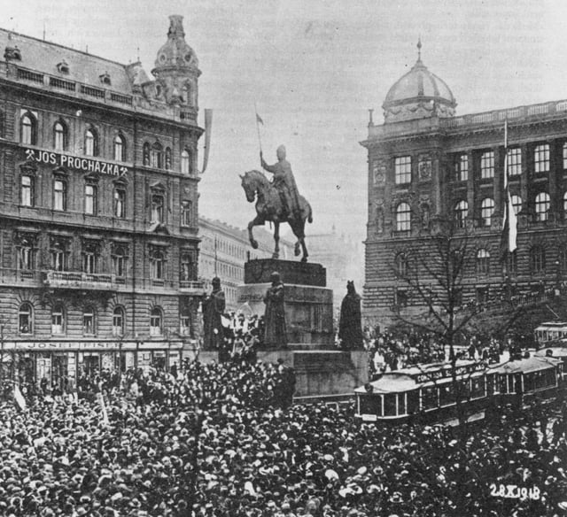 Rally in Prague on Wenceslas Square for the Czechoslovak declaration of independence from the Habsburg Austro-Hungarian Empire, 28 October 1918