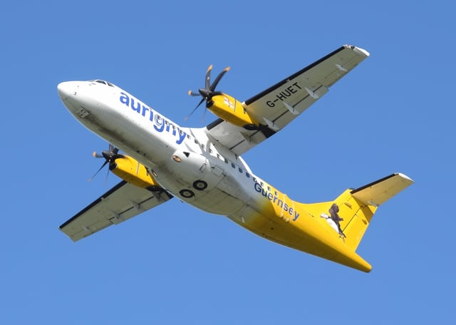 An ATR 42-500 of Aurigny Air Services takes off from Bristol Airport, England (2016).