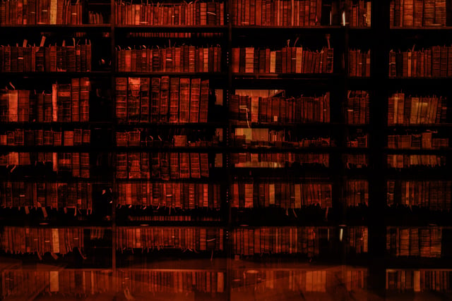 Closeup of rare books in the reduced-lighting library tower stacks