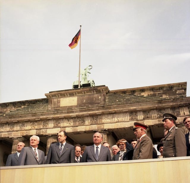 Gorbachev at the Brandenburg Gate in April 1986 during a visit to East Germany