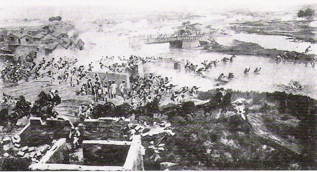 The capture of the southern gate of Tianjin. British troops were positioned on the left, Japanese troops at the centre, French troops on the right.