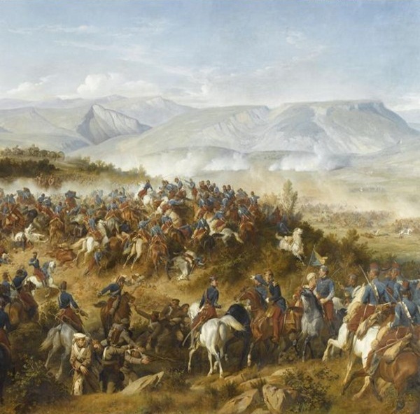 The Chasseurs d'Afrique, led by General d'Allonville, clearing Russian artillery from the Fedyukhin Heights during the Battle of Balaclava